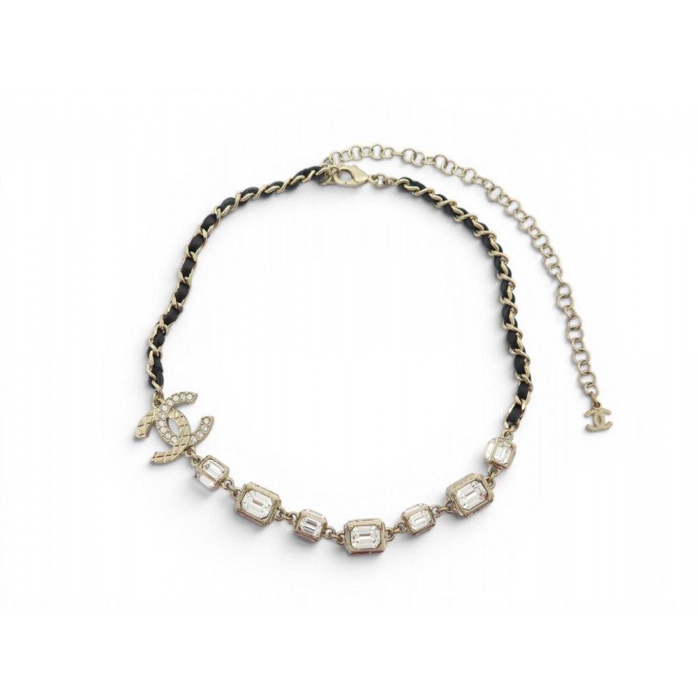 NEUF COLLIER CHANEL LOGO CC MATELASSE STRASS 35-49 CM METAL DORE NECKLACE 1390€