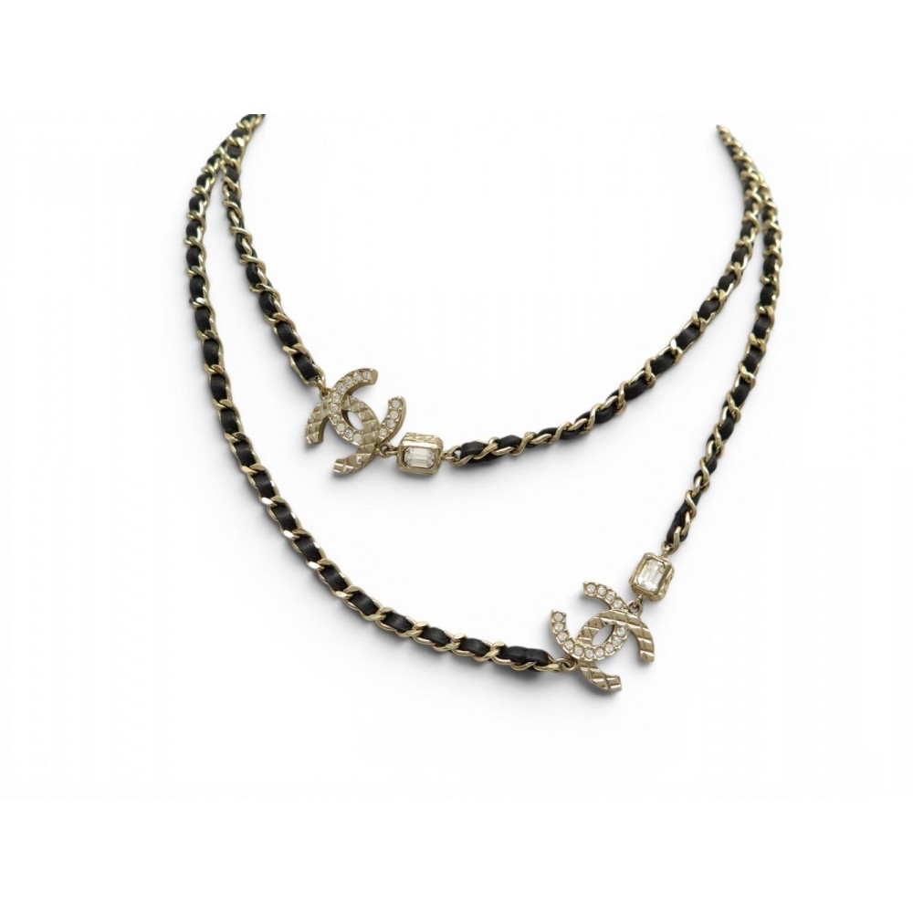 COLLIER CHANEL SAUTOIR LOGO CC STRASS METAL DORE CUIR ENTRELASSE NECKLACE 1990€