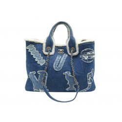 SAC A MAIN CHANEL DEAUVILLE HIEROGLYPHE EN DENIM BLEU & FOURRURE CABAS TOTE BAG