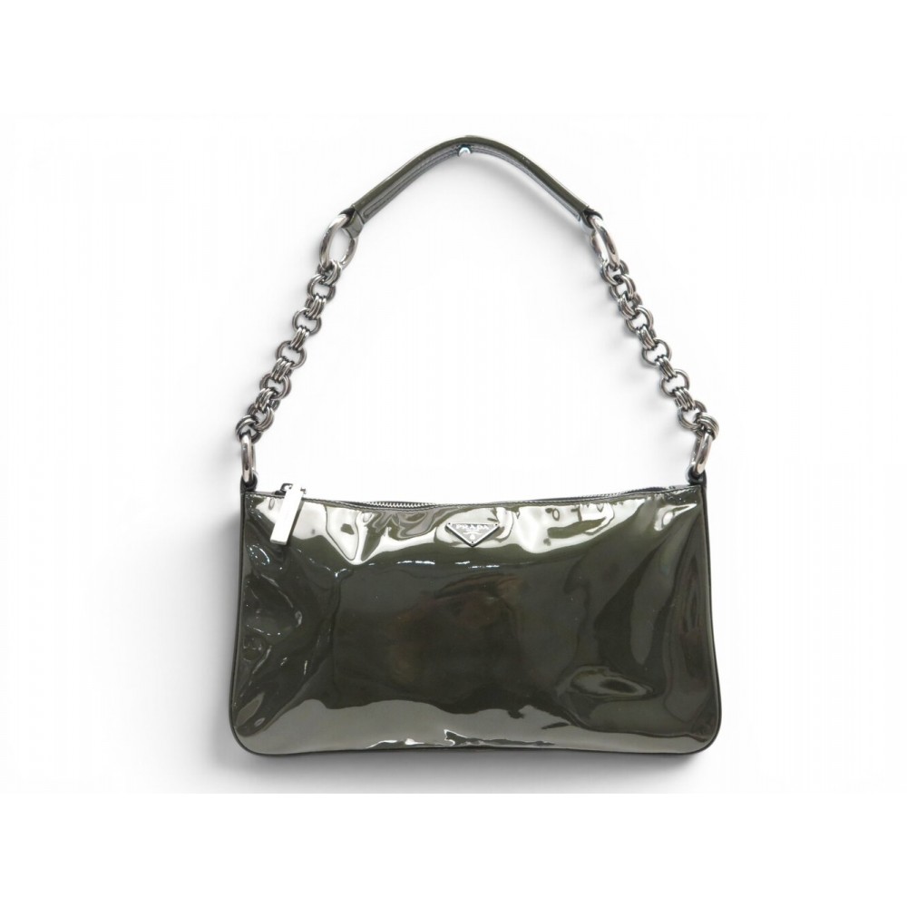 SAC A MAIN PRADA POCHETTE BR2599 EN CUIR VERNIS KAKI PATENT LEATHER CLUTCH 2700€