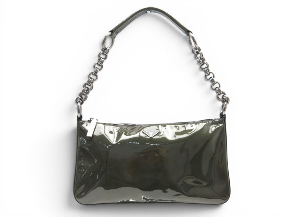 SAC A MAIN PRADA POCHETTE BR2599 EN CUIR VERNIS KAKI PATENT LEATHER CLUTCH 2700€