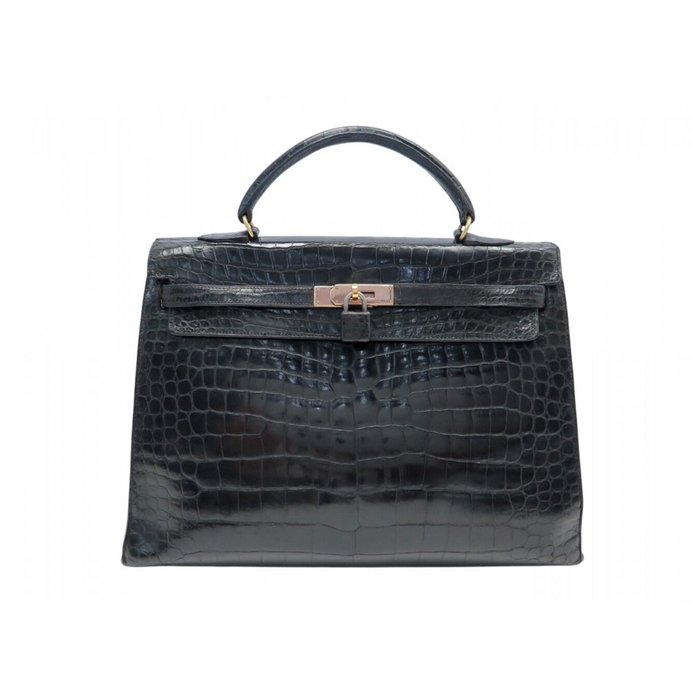 VINTAGE SAC A MAIN HERMES KELLY 36 SELLIER CUIR DE CROCODILE NOIR HAND BAG PURSE