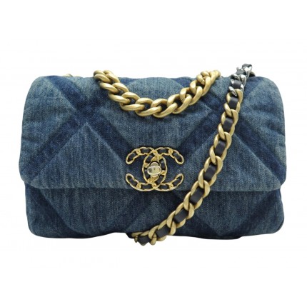 SAC A MAIN GRAND CHANEL 19 AS1160 EN TOILE DENIM BLEU JEAN BANDOULIERE BAG 7250€