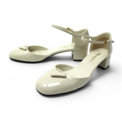 CHAUSSURES PRADA TRIANGLE LOGO 39 ESCARPINS CUIR VERNIS BEIGE LEAHTER SHOES 890€