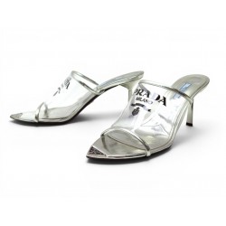 CHAUSSURES PRADA MULES A TALONS 39 ESCARPINS PVC & CUIR ARGENT LOGO SHOES 990€
