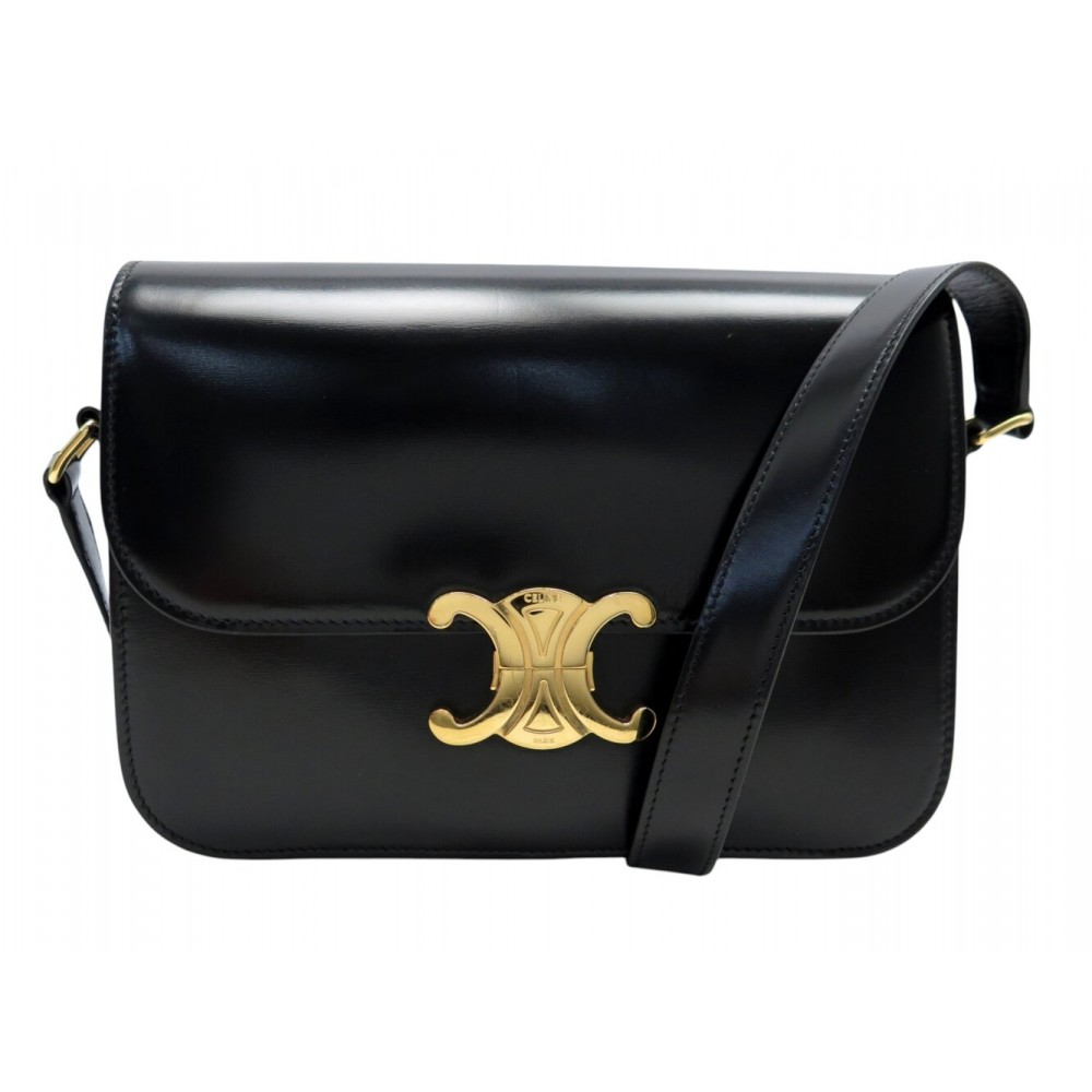 SAC A MAIN CELINE TRIOMPHE 187363 CUIR VEAU BRILLANT NOIR BANDOULIERE BAG 3600€