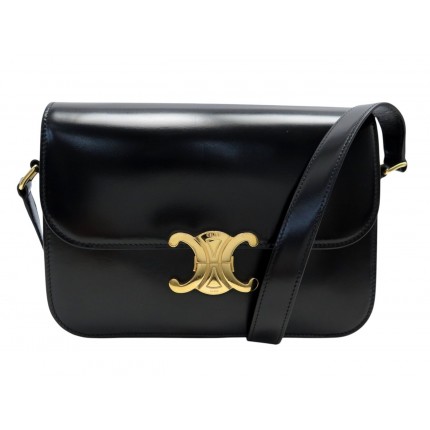 SAC A MAIN CELINE TRIOMPHE 187363 CUIR VEAU BRILLANT NOIR BANDOULIERE BAG 3600€