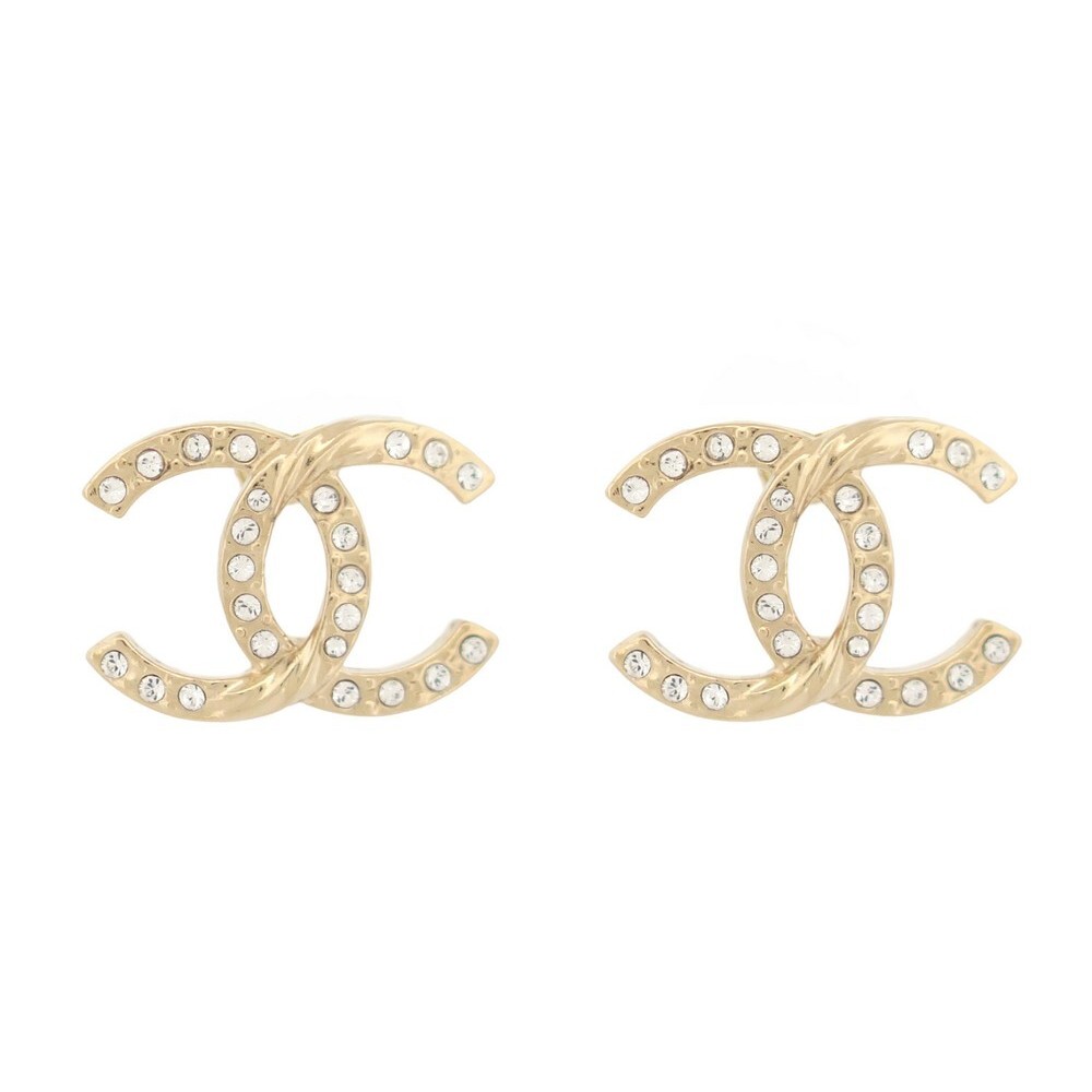 NEUF BOUCLES D'OREILLES CHANEL CLOUS LOGO CC STRASS EN METAL DORE EARRINGS 650€