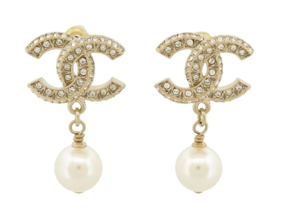 boucles d'oreilles chanel logo cc strass perles