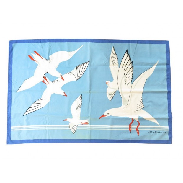 PAGNE HERMES MOUETTES PAREO 90 x 140 CM EN COTON BLEU BLUE SEAGULL TOWEL 375€