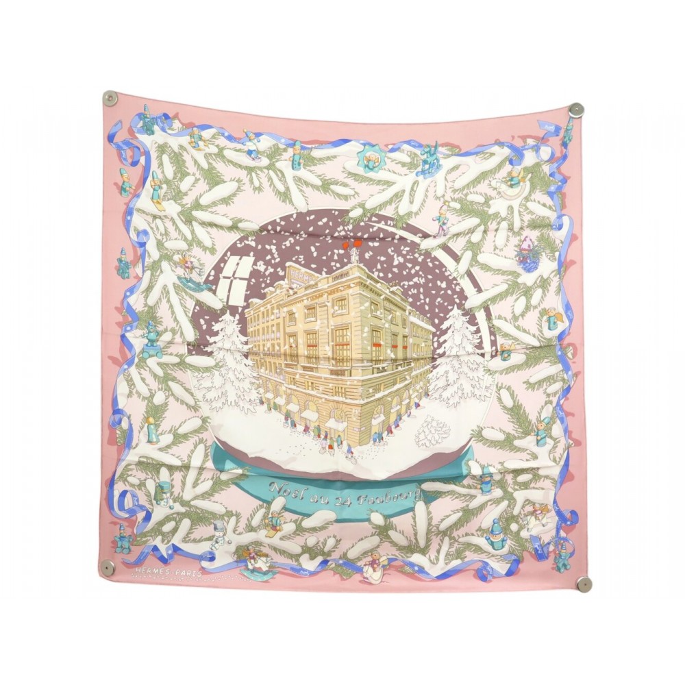 RARE FOULARD HERMES NOEL AU 24 FAUBOURG DIMITRI RYBALTCHENKO SOIE ROSE BOI SCARF