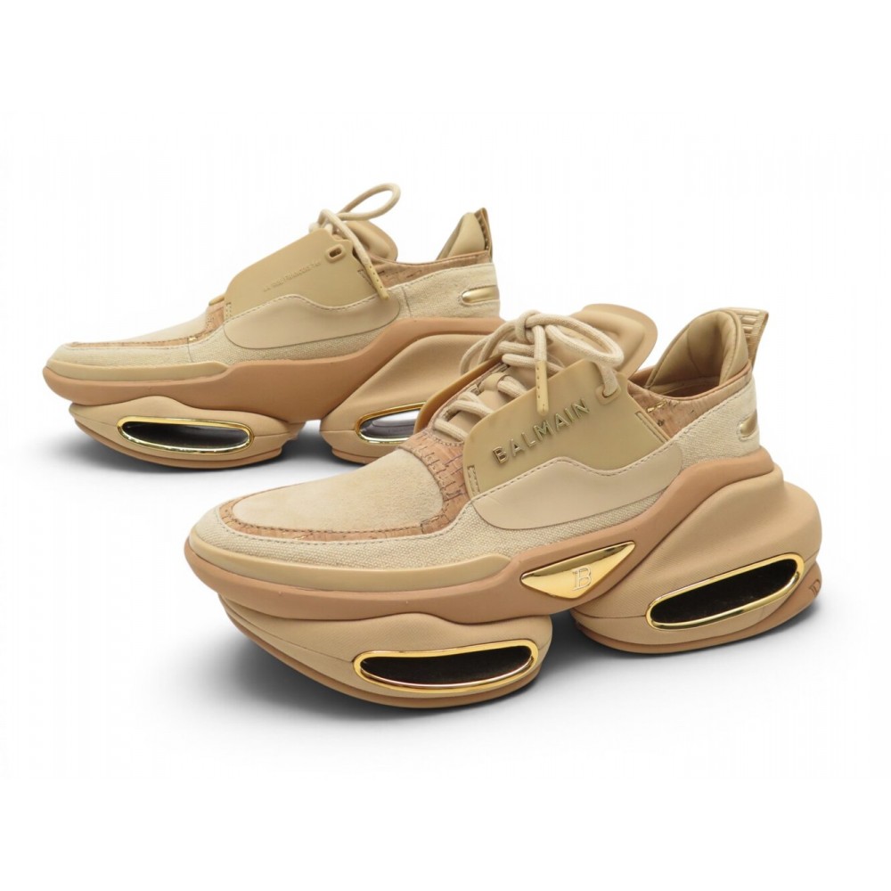 NEUF CHAUSSURES BALMAIN BASKETS B-BOLD 36 TOILE DAIM & PVC BEIGE SNEAKERS 895€