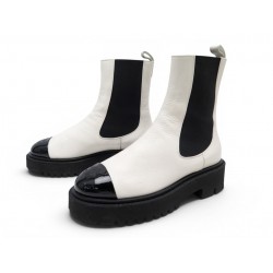 NEUF BOTTINES CHANEL LOW BOOTS G38218 37 CUIR BLANC & NOIR LOGO CC BOITE POCHON