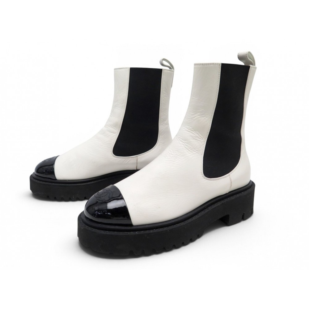 NEUF BOTTINES CHANEL LOW BOOTS G38218 37 CUIR BLANC & NOIR LOGO CC BOITE POCHON