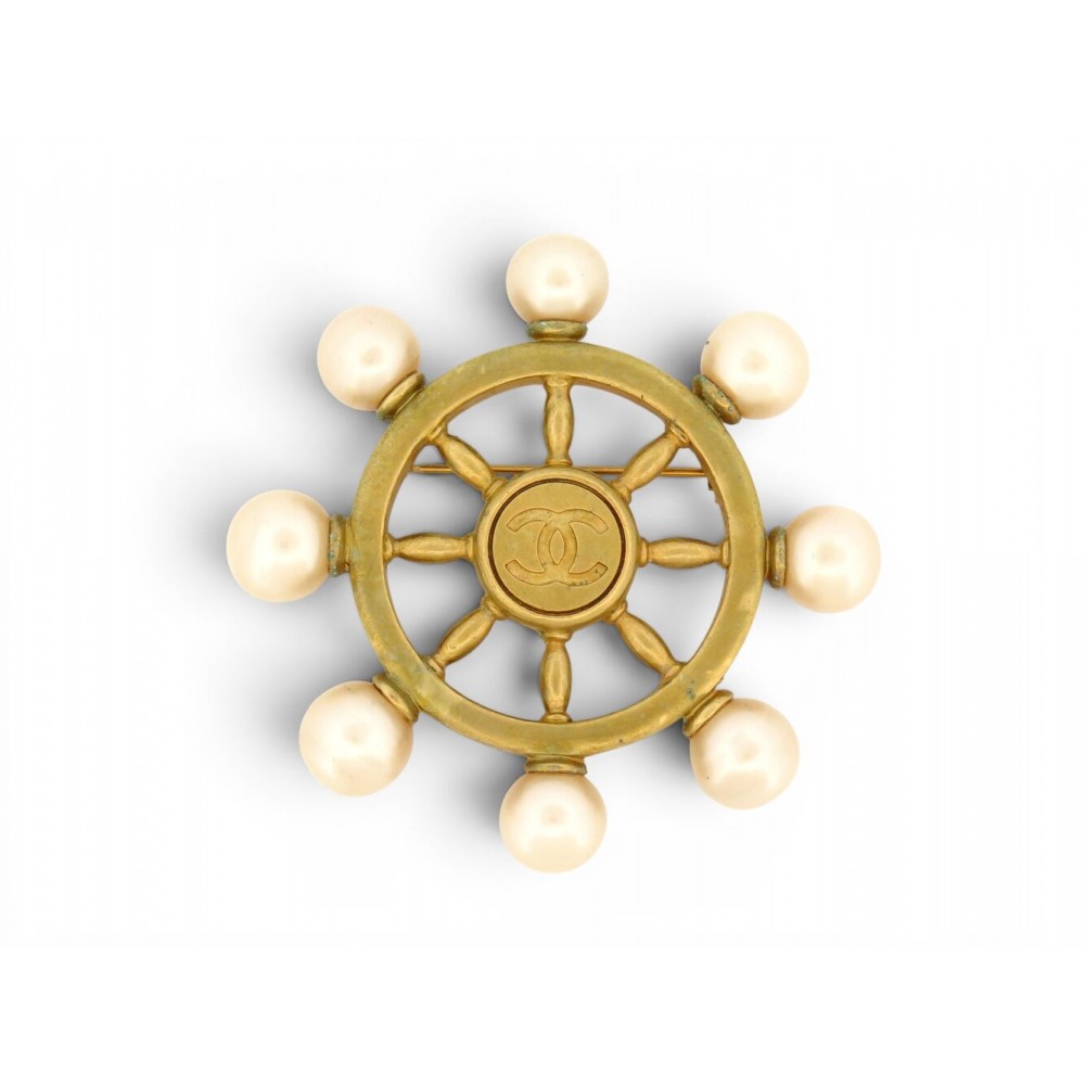 VINTAGE BROCHE CHANEL GOUVERNAIL PERLES 1994 EN METAL DORE GOLDEN STEEL BROOCH