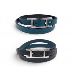 BRACELET HERMES BEHAPI DOUBLE TOUR EN CUIR SWIFT BLEU EPSOM NOIR T16 BANGLE 410€