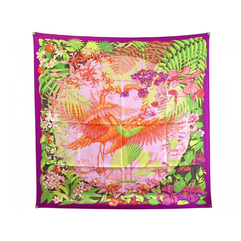 NEUF FOULARD HERMES FLAMINGO PARTY LAURENCE TOUTSY CARRE 90 SOIE SILK SCARF 580€