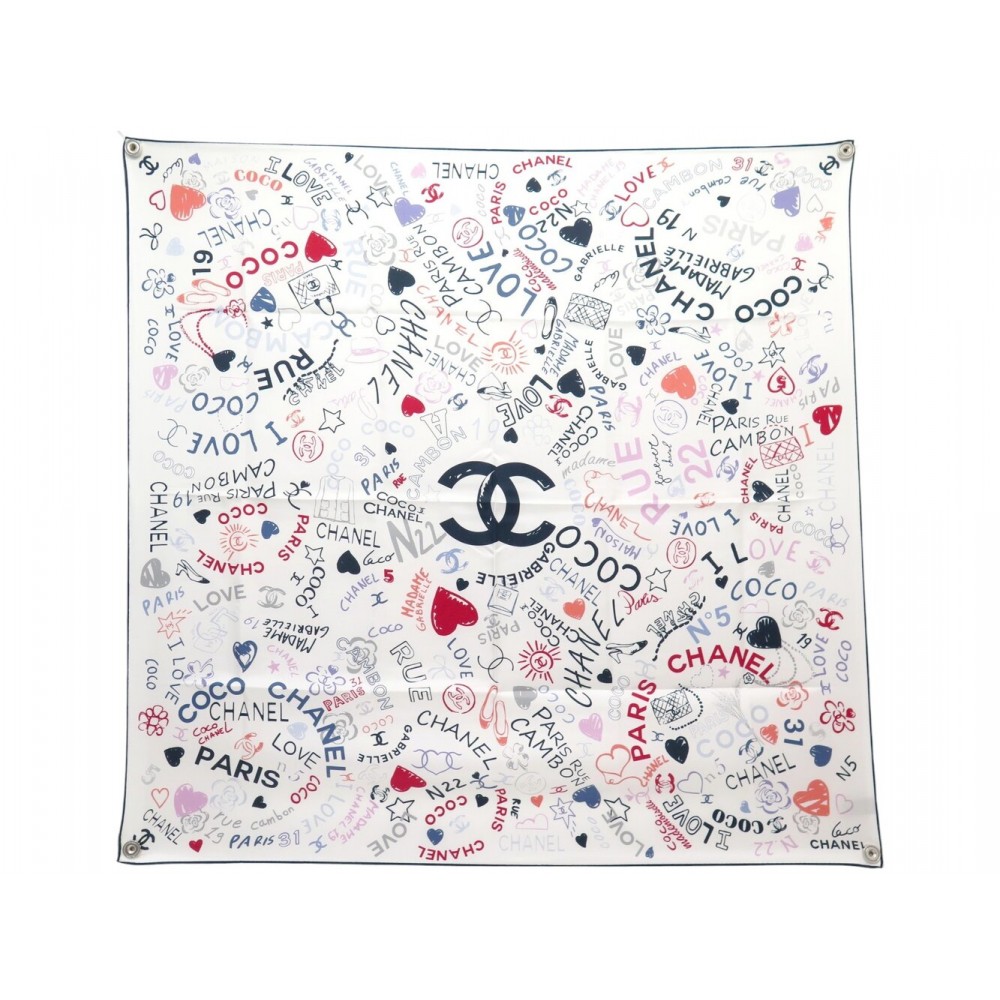 NEUF FOULARD CHANEL TWILL LOVE COCO LOGO CC CAMELIA CARRE 90 EN SOIE SCARF 530€