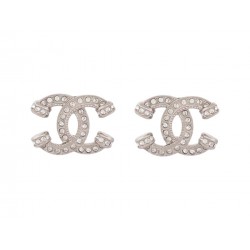 NEUF BOUCLES D'OREILLES CHANEL LOGO CC & STRASS METAL NEW SILVER EARRINGS 650€