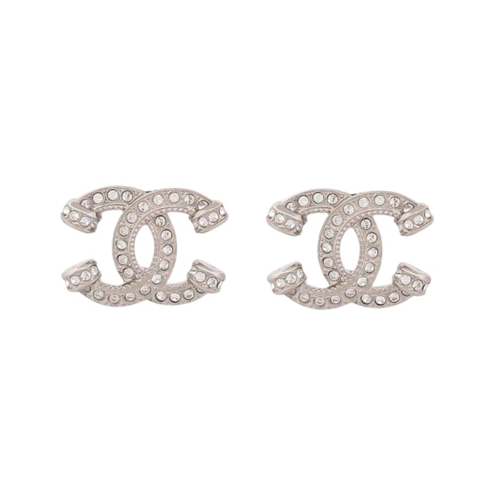 NEUF BOUCLES D'OREILLES CHANEL LOGO CC & STRASS METAL NEW SILVER EARRINGS 650€