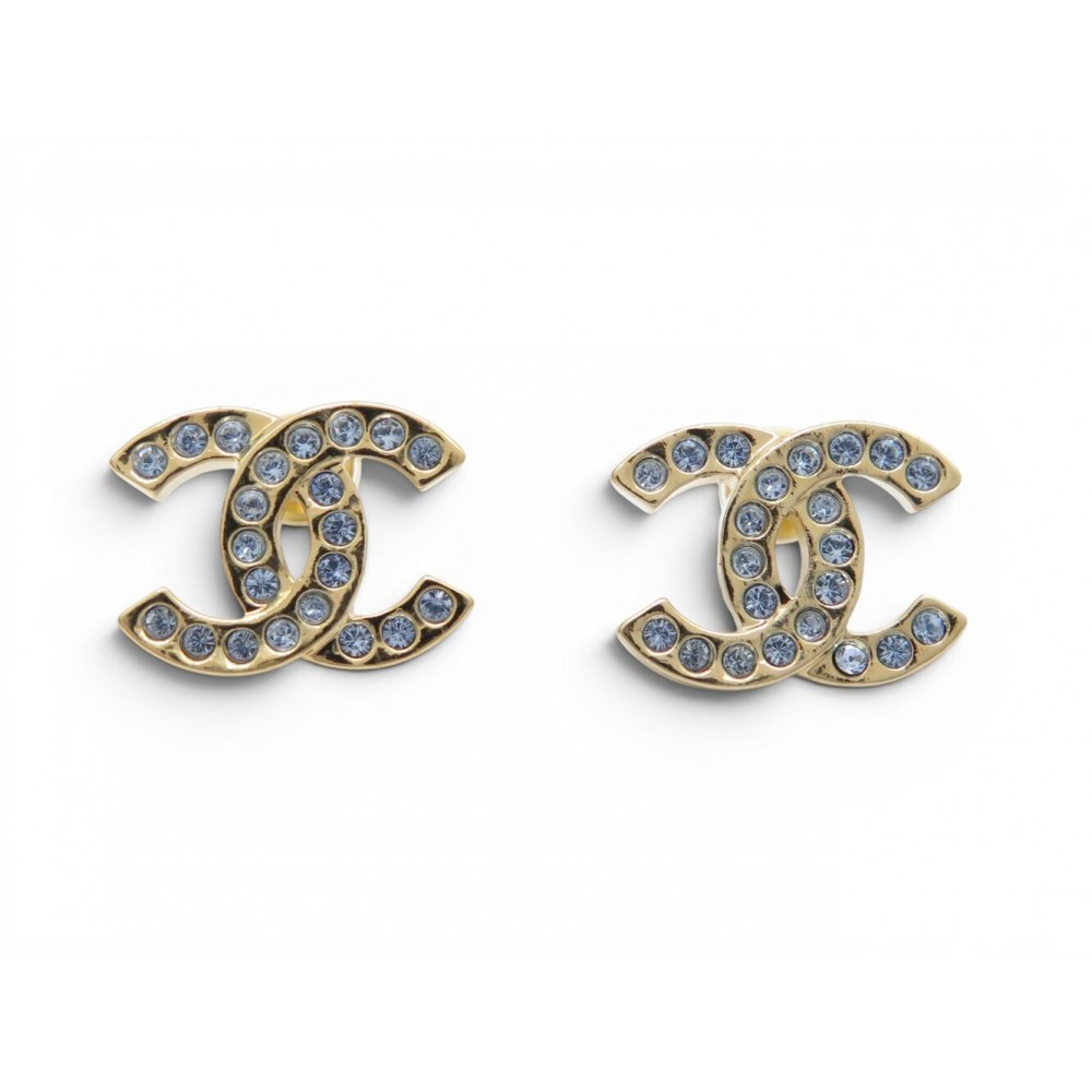 NEUF BOUCLES D'OREILLES CHANEL PUCES LOGO CC DORE & STRASS BOITE EARRINGS 690€