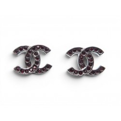 NEUF BOUCLES D'OREILLES CHANEL PUCES LOGO CC ARGENTE STRASS ROUGE EARRINGS 690€