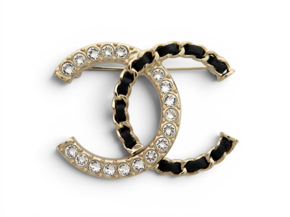  broche chanel logo cc strass cuir chaine