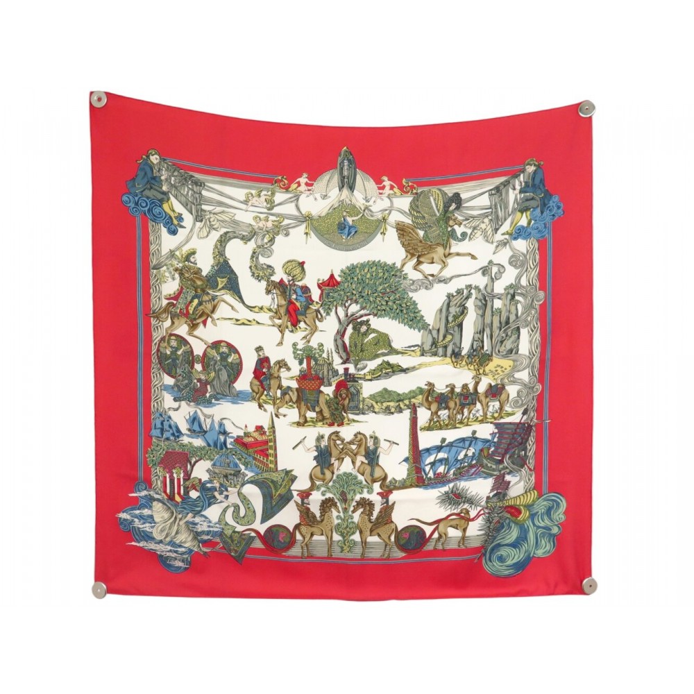 FOULARD HERMES AU FIL DE LA SOIE FAIVRE CARRE 90 ROUGE SOIE RED SILK SCARF 580€
