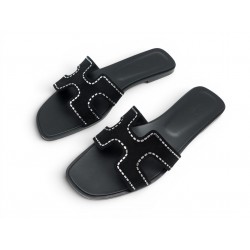 NEUF CHAUSSURES HERMES SANDALES ORAN 42 DAIM NOIR & STRASS H232169Z SHOES 1130€