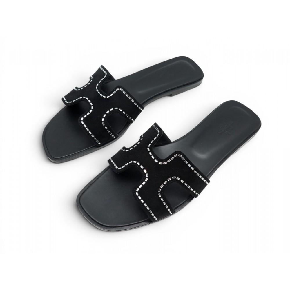 NEUF CHAUSSURES HERMES SANDALES ORAN 42 DAIM NOIR & STRASS H232169Z SHOES 1130€