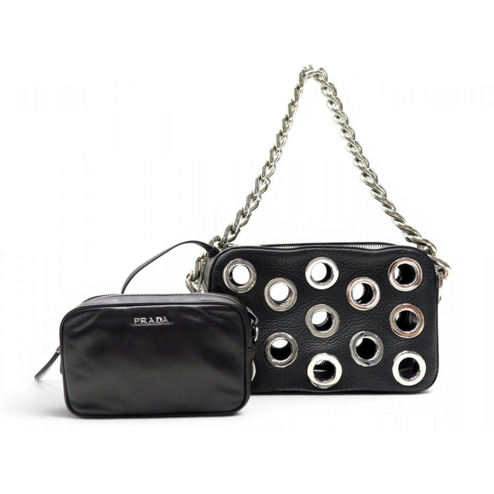 NEUF SAC A MAIN PRADA 1BA028 CHAINE OEILLETS POCHETTE AMOVIBLE CUIR BAG 17000€
