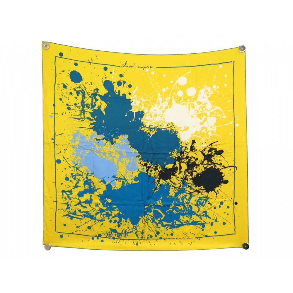 NEUF FOULARD HERMES CHEVAL SURPRISE REMIX CARRE 90 SOIE JAUNE + BOITE SCARF 580€