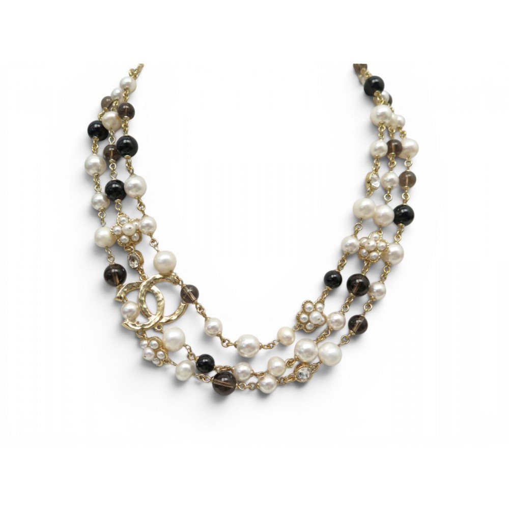 NEUF COLLIER CHANEL MULTI RANGS PERLES LOGO CC 37-51CM METAL DORE NECKLACE 1790€