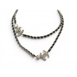 NEUF COLLIER CHANEL SAUTOIR LOGO CC CHAINE ENTRELACEE CUIR 94 CM NECKLACE 1250€