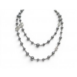 NEUF COLLIER CHANEL SAUTOIR LOGO CC PERLES GRISES 104 CM ARGENTE NECKLACE 1750€