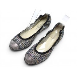NEUF CHAUSSURES CHANEL BALLERINES SOUPLE STRASS 39.5 TWEED + BOITE SHOES 1150€