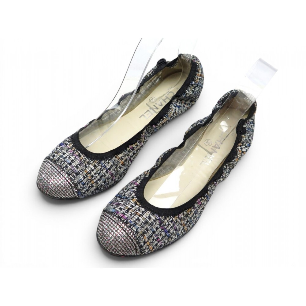 NEUF CHAUSSURES CHANEL BALLERINES SOUPLE STRASS 39.5 TWEED + BOITE SHOES 1150€