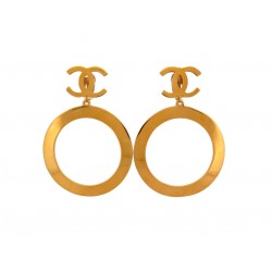VINTAGE BOUCLES D'OREILLES CHANEL CREOLES ANNEAU XXL LOGO CC 1980 LOOP EARRINGS