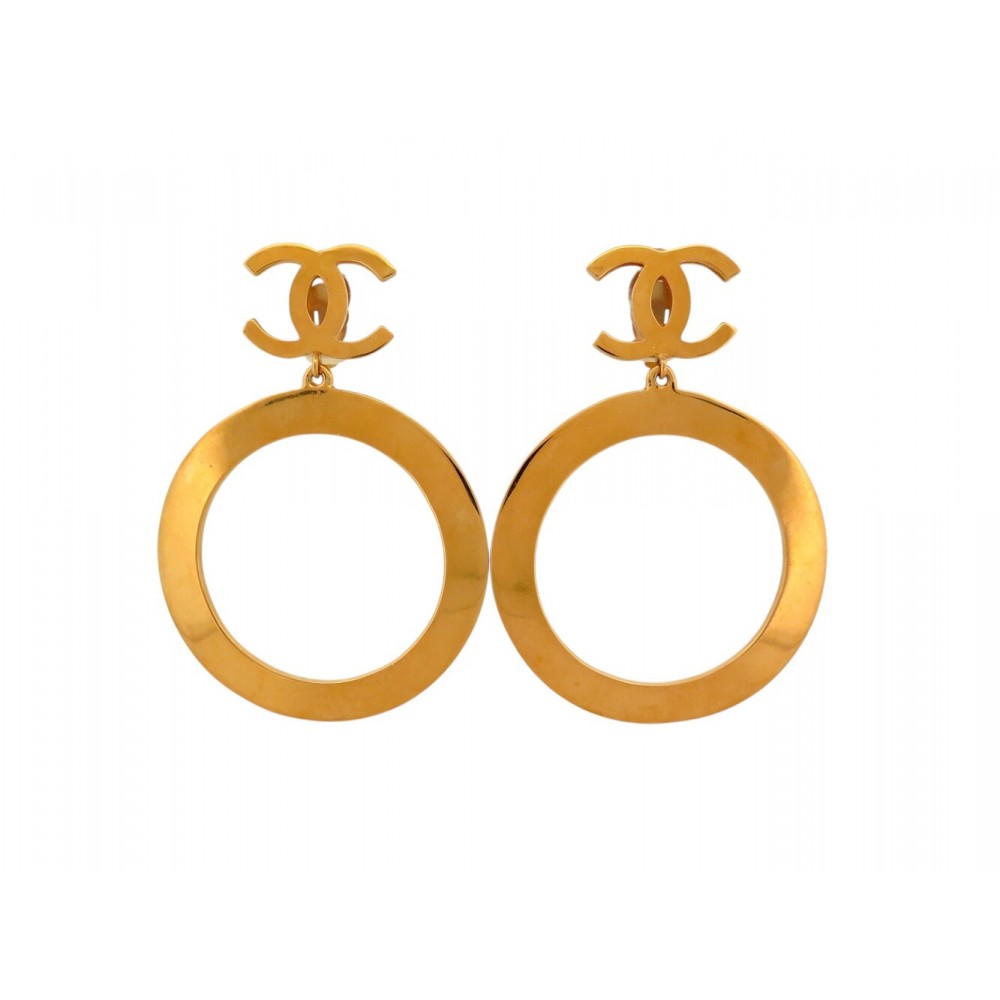 VINTAGE BOUCLES D'OREILLES CHANEL CREOLES ANNEAU XXL LOGO CC 1980 LOOP EARRINGS