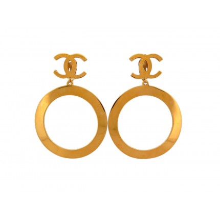 VINTAGE BOUCLES D'OREILLES CHANEL CREOLES ANNEAU XXL LOGO CC 1980 LOOP EARRINGS