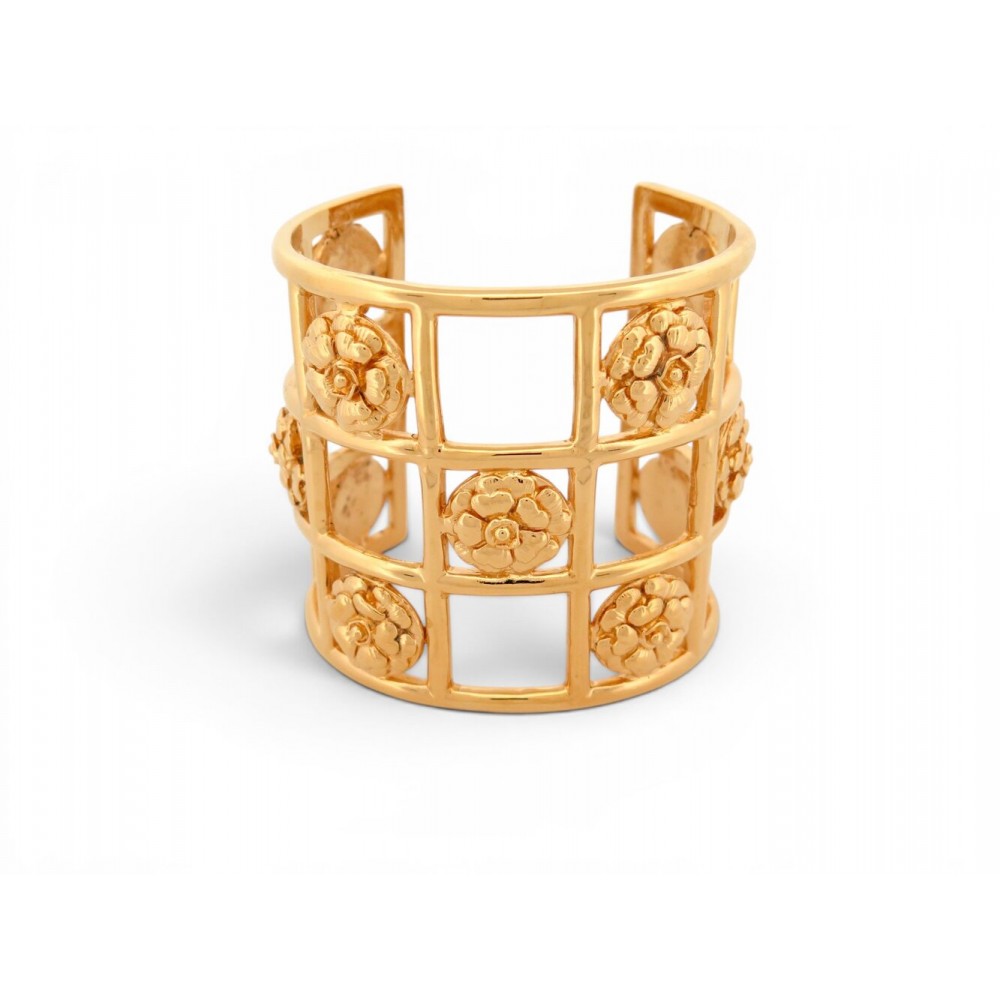 VINTAGE BRACELET CHANEL MANCHETTE CAGE CAMELIAS EN METAL DORE GOLD BANGLE CUFF