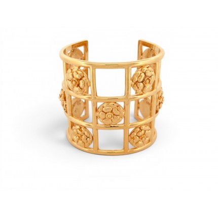 VINTAGE BRACELET CHANEL MANCHETTE CAGE CAMELIAS EN METAL DORE GOLD BANGLE CUFF