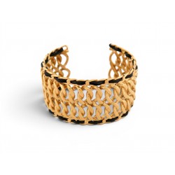 VINTAGE BRACELET CHANEL MANCHETTE CHAINE & CUIR ENTRELACE METAL DORE CUFF BANGLE
