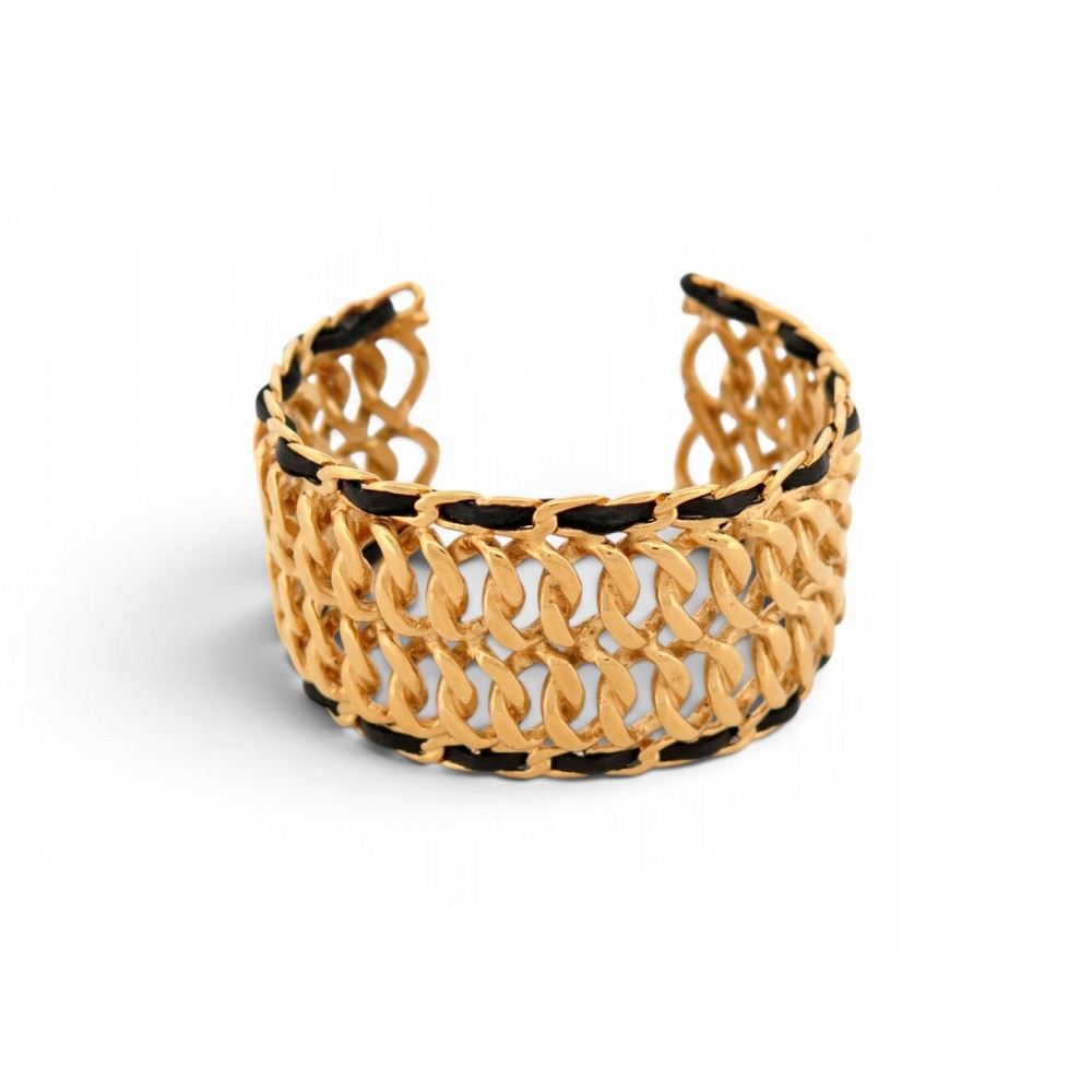 VINTAGE BRACELET CHANEL MANCHETTE CHAINE & CUIR ENTRELACE METAL DORE CUFF BANGLE