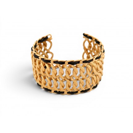 VINTAGE BRACELET CHANEL MANCHETTE CHAINE & CUIR ENTRELACE METAL DORE CUFF BANGLE