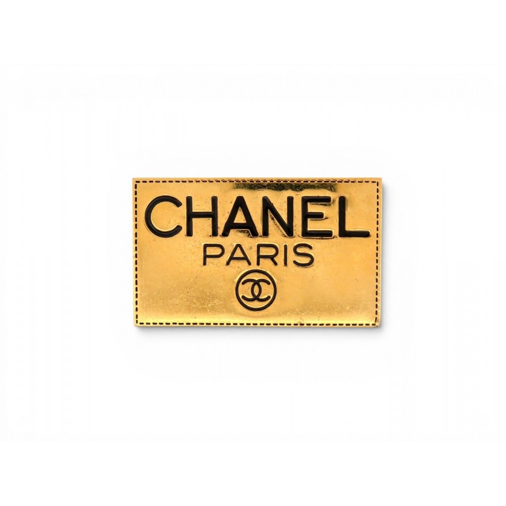 VINTAGE BROCHE CHANEL PLAQUE LOGO CC 1988 LAGERFELD EN METAL DORE GOLDEN BROOCH