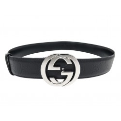 CEINTURE GUCCI BOUCLE GG 114984 T90 CUIR SIGNATURE NOIR BLACK LEATHER BELT 495€