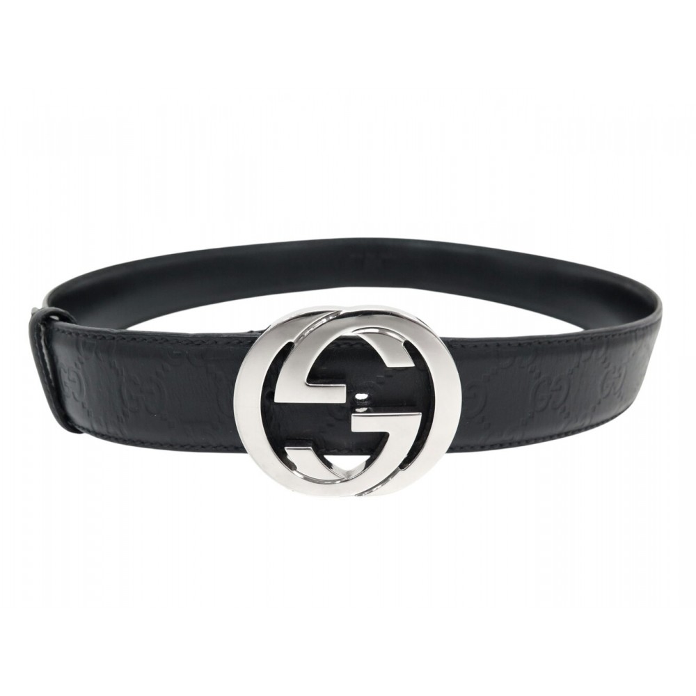CEINTURE GUCCI BOUCLE GG 114984 T90 CUIR SIGNATURE NOIR BLACK LEATHER BELT 495€