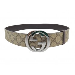 CEINTURE GUCCI BOUCLE GG TOILE SUPREME BEIGE & CUIR T90 CANVAS LEATHER BELT 470€