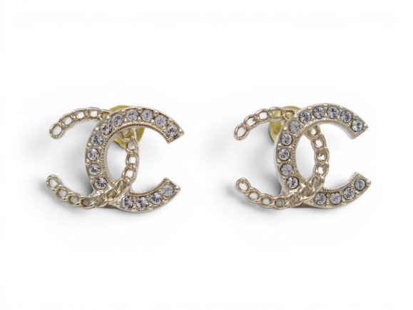 boucles d'oreilles chanel logo cc dore strass